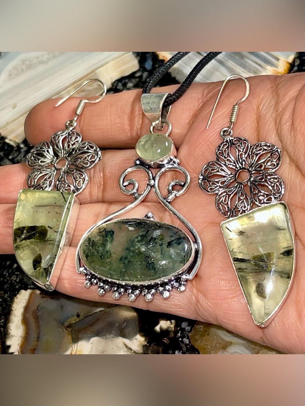“Stone of Dreaming” Prehnite Pendant & Earrings Set